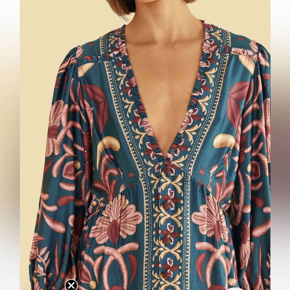 Farm Rio Teal Seashell Tapestry Lenzing™ Ecovero™ Viscose Mini Dress S - Picture 2 of 15